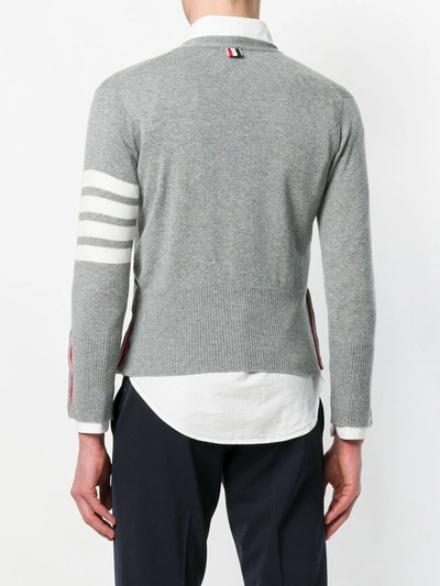 Shop Thom Browne Short V-neck Cardigan With 4-bar Stripe In Light Grey Cashmere