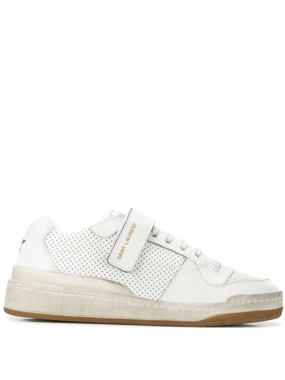 SAINT LAURENT DISTRESSED TOUCH-STRAP SNEAKERS - 白色