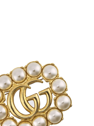 Shop Gucci Pearl Double G Brooch In Gold