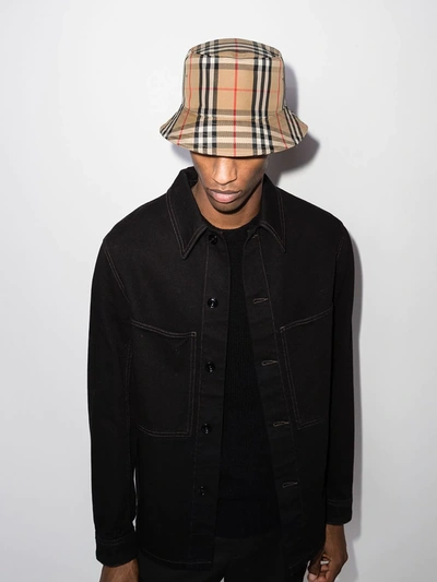 Burberry Check Cotton Blend Bucket Hat In Brown