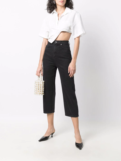 Shop Self-portrait Straight-leg Cropped Jeans In Black