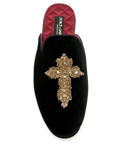 Shop Dolce & Gabbana Embroidered Velvet Slippers In Black