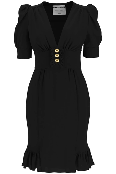 Shop Moschino Silk Dress With Teddy Bear Buttons In Nero (black)