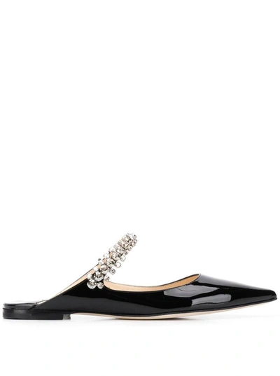Shop Jimmy Choo Flat Black Leather Mules With Jewel Detail