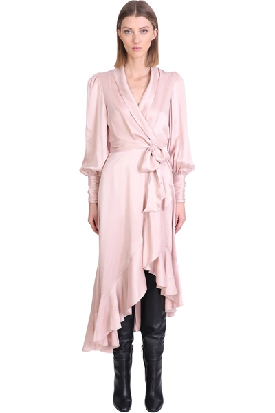 Zimmermann Asymmetric Ruffled Silk-satin Wrap Dress In Rose-pink