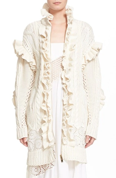 Stella Mccartney Cable Knit Ruffle Cotton Cardigan In Ivory