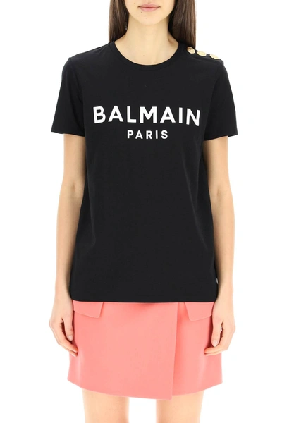 Shop Balmain Logo T-shirt With Embossed Buttons In Black