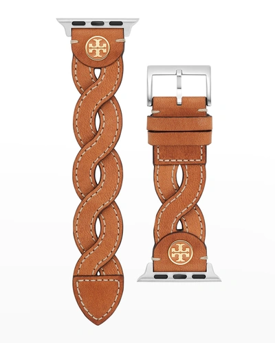 Shop Tory Burch Braided Leather Apple Watch Band In Luggage, 38-41mm