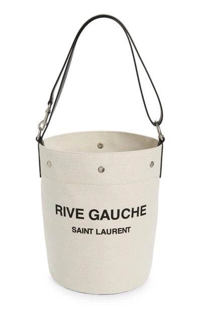 Shop Saint Laurent Rive Gauche Canvas Bucket Bag In Beige Black