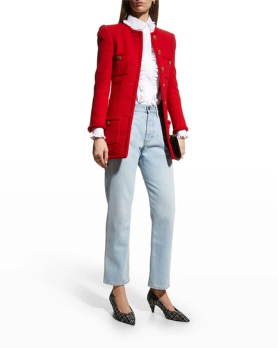 Shop Saint Laurent Long Collarless Tweed Jacket In Rouge