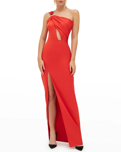 Shop Rasario Twist One-shoulder Side-slit Gown In Orange