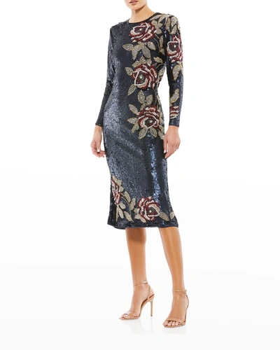 Shop Mac Duggal Long-sleeve Sequin Floral Midi Dress In Midnight
