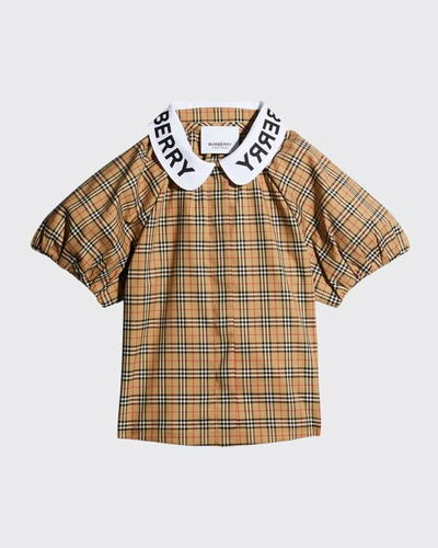 Shop Burberry Girl's Lila Vintage Check Peter Pan Collar Blouse In Archive Beige Ip