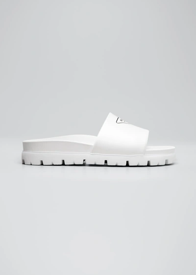 Shop Prada Men's Leather Logo Slide Sandals In Bianco