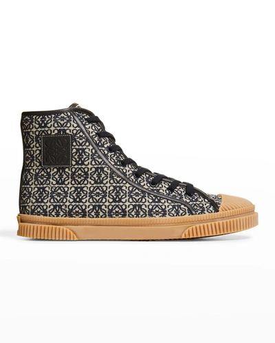 Shop Loewe Men's Anagram Canvas High-top Sneakers In Navy/black