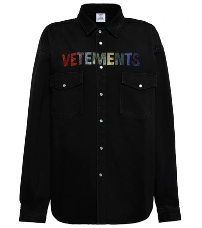 Shop Vetements Metallic Logo Denim Shirt In Black Multicolour