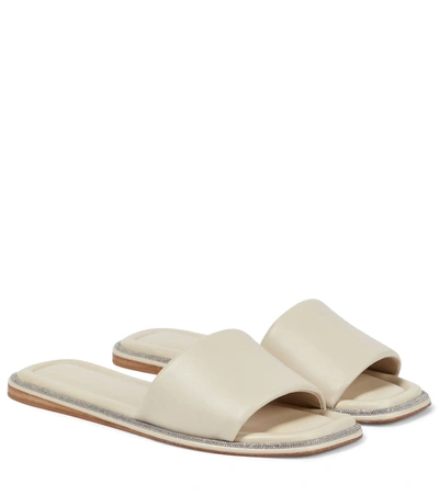 Shop Brunello Cucinelli Embellished Leather Slides In Whipe