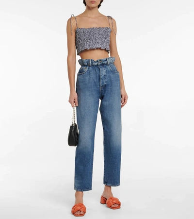 Miu Miu Shirred Gingham Cotton Crop Top In Nero