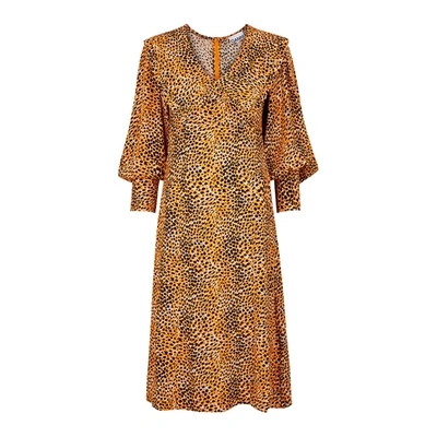 Shop Ganni Leopard-print Crepe Midi Dress In Yellow