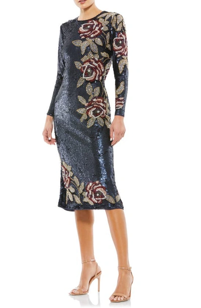 Shop Mac Duggal Beaded Rose Long Sleeve Sequin Midi Dress In Midnight