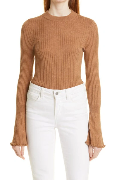 Shop Paige Iona Ribbed Cotton & Silk Blend Sweater In Dark Camel
