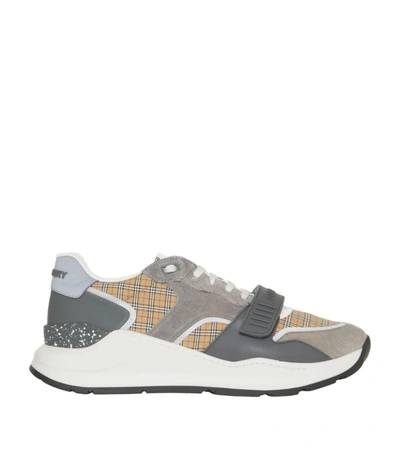 Shop Burberry Leather Chunky Check Sneakers In Grey