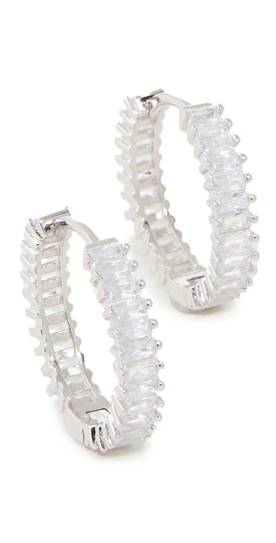 Shop Adinas Jewels Thin Baguette Huggie Earrings In Silver