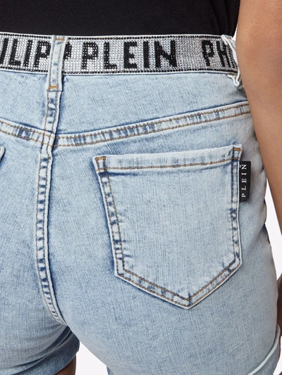 Shop Philipp Plein Logo-waistband Denim Shorts In Blue