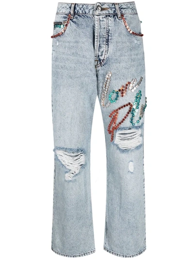 Shop Philipp Plein Stud-embellished Wide-leg Jeans In Blue