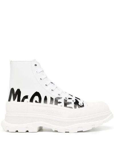 Alexander Mcqueen Men's Tread Slick Graffiti Logo Leather Lace-up Boots In White