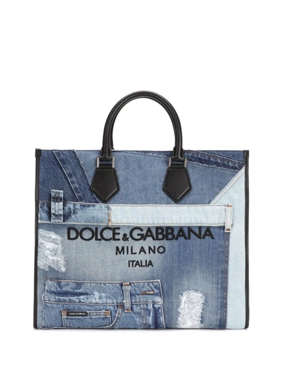 Shop Dolce & Gabbana Denim-patchwork Large Shopper Bag In Blue