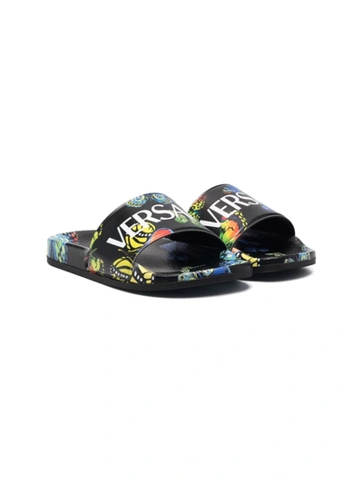 Shop Versace Butterfly-print Logo Slides In Black