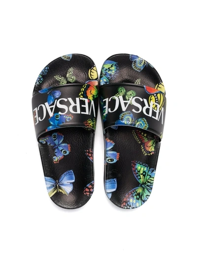 Shop Versace Butterfly-print Logo Slides In Black