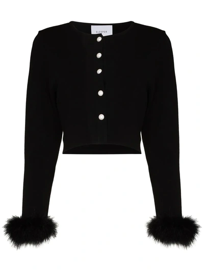 Shop Sleeper Feather-cuff Knitted Cardigan In Black