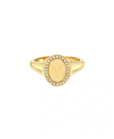 Shop Zoe Lev 14k Gold Diamond Signet Initial Ring In Gold-y