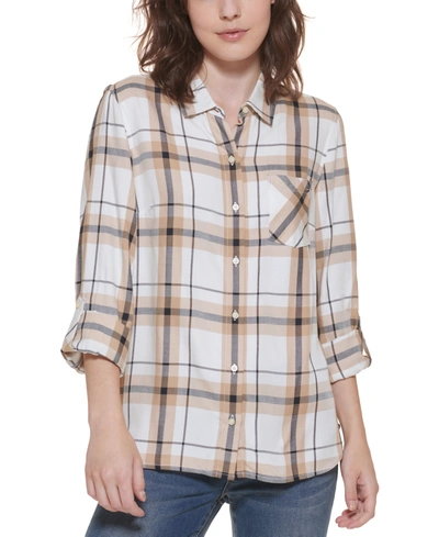 Shop Tommy Hilfiger Plaid Utility Shirt, Created For Macy's In Tan Multi
