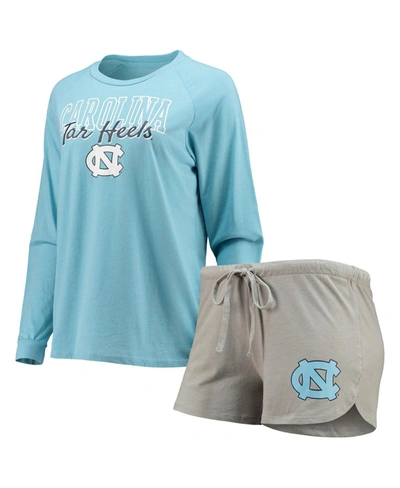 Shop Concepts Sport Women's Carolina Blue, Gray North Carolina Tar Heels Raglan Long Sleeve T-shirt And Shorts Sleep Set In Carolina Blue/gray