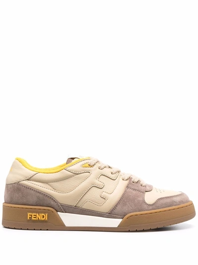 Shop Fendi Ff Logo Leather Low Top Sneakers In Beige
