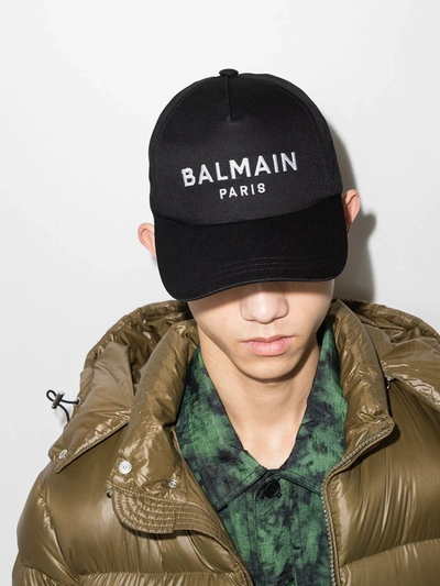 Shop Balmain Logo-embroidered Cotton Cap In Black