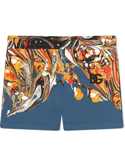 Shop Dolce & Gabbana Marble-print Cotton Track Shorts In Blue
