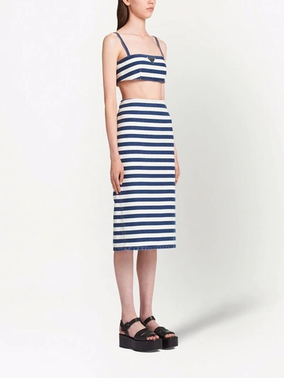 Shop Prada Striped Denim Pencil Skirt In Blue