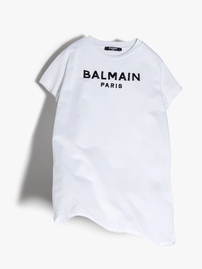 Shop Balmain Logo Print T-shirt Dress In White