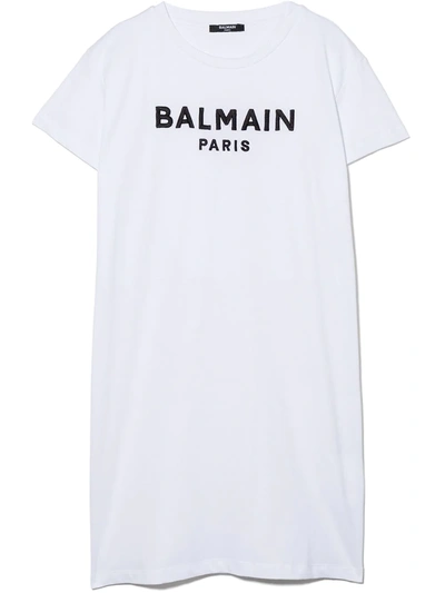 Balmain Kids' Sequin Logo Cotton T-shirt Dress In White