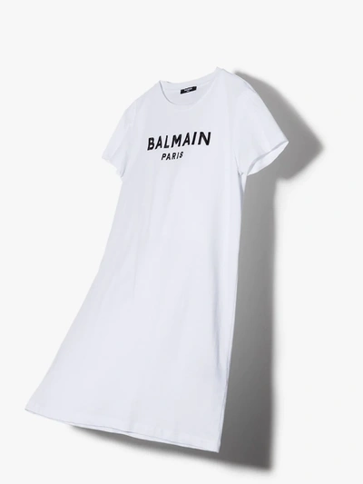 Balmain Kids' Sequin Logo Cotton T-shirt Dress In White