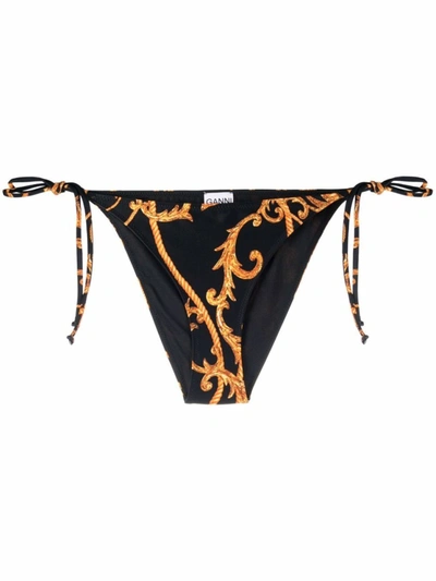 Shop Ganni Black Baroque-print Bikini Bottoms