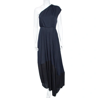 Pre-owned Fendi Navy Blue & Black Paneled Hem Wool One Shoulder Maxi Dress S