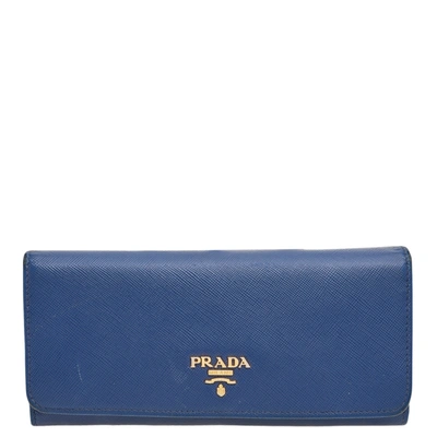 Pre-owned Prada Blue Saffiano Metal Leather Flap Continental Wallet