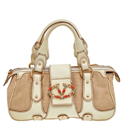 Pre-owned Valentino Garavani Cream/beige Fabric And Leather Vlogo Flap Shoulder Bag