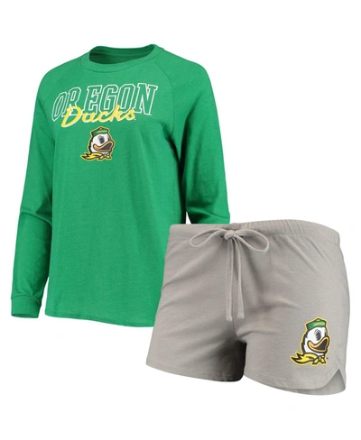 Shop Concepts Sport Women's Green, Gray Oregon Ducks Raglan Long Sleeve T-shirt And Shorts Sleep Set In Green/gray