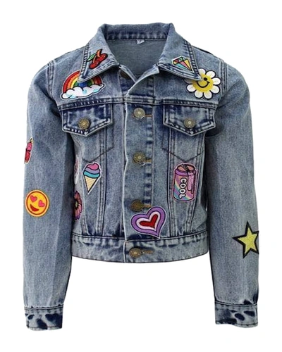 Shop Lola + The Boys Girl's All About The Patch Cropped Denim Jacket In Blue